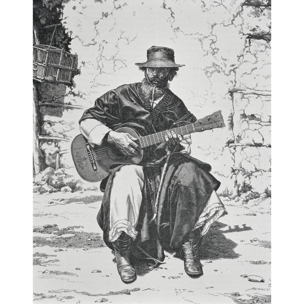 Argentina Gaucho Playing The Guitar Mid 19Th Century Engraving Poster Print Image 2