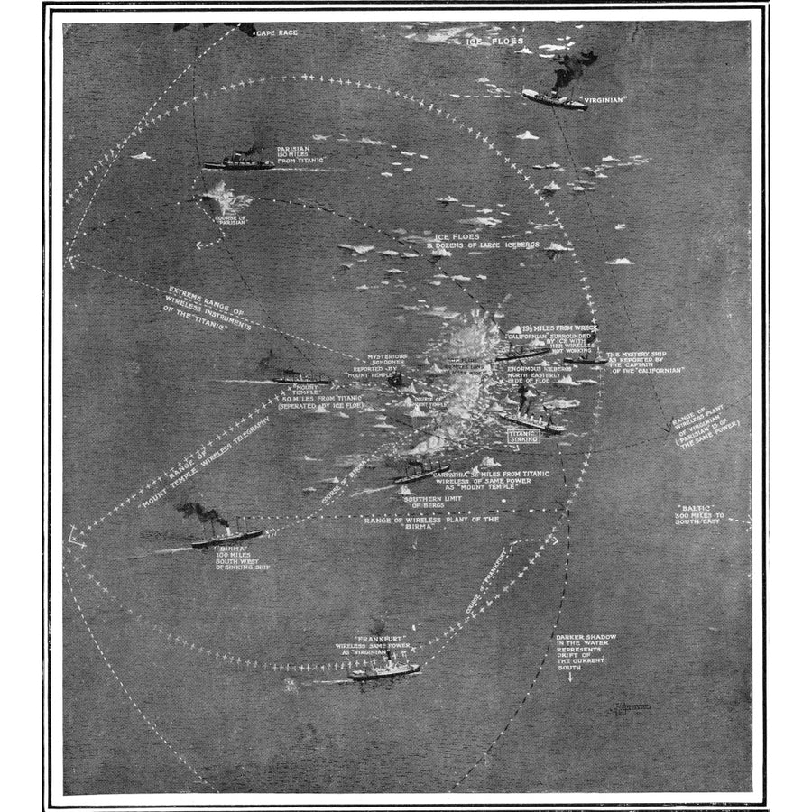 Chart Of The Rms Titanic Wreck Site Showing Ships Within Call By Wireless At The Time Of The Collision Print Image 1