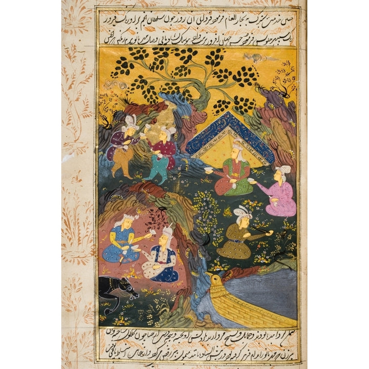 Painting From 17Th Century Persian Manuscript Drinking Party Outdoors By River Or Lake Poster Print Image 1