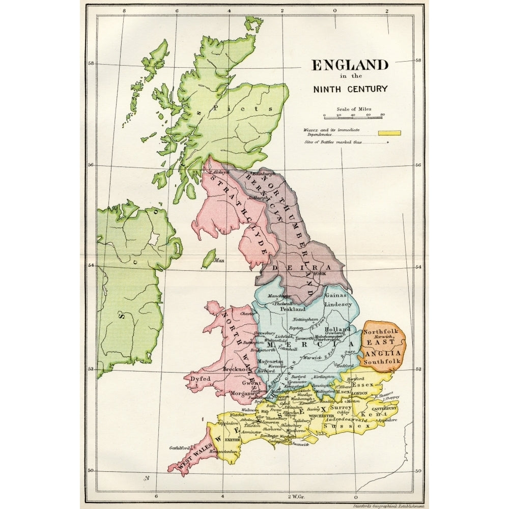 Map Of England In The Ninth Century From A Short History Of The English People By John Richard Green Published By Macmil Image 1