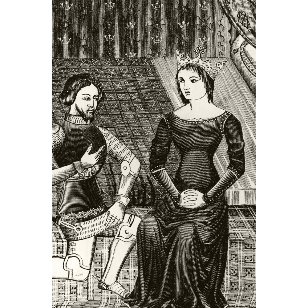 Sir Lancelot Kneels In Front Of Queen Guinevere. 19Th Century Engraving After 12Th Century Original. Print Image 2