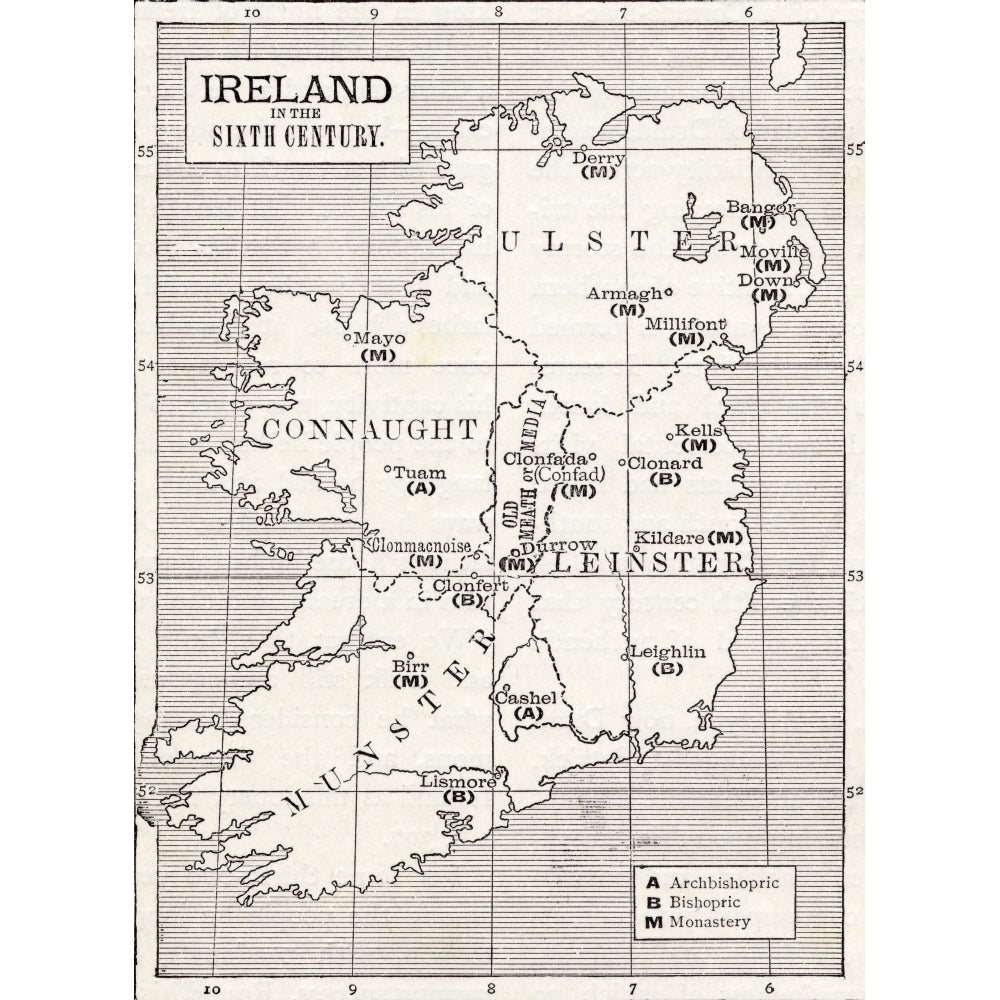 Map Of Ireland In The Sixth Century From The Book The Church Of England A History For The People Published C1910 12 x 17 Image 2