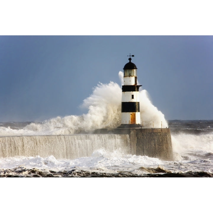 Seaham Teesside England; Waves Crashing Against A Lighthouse Poster Print Image 1