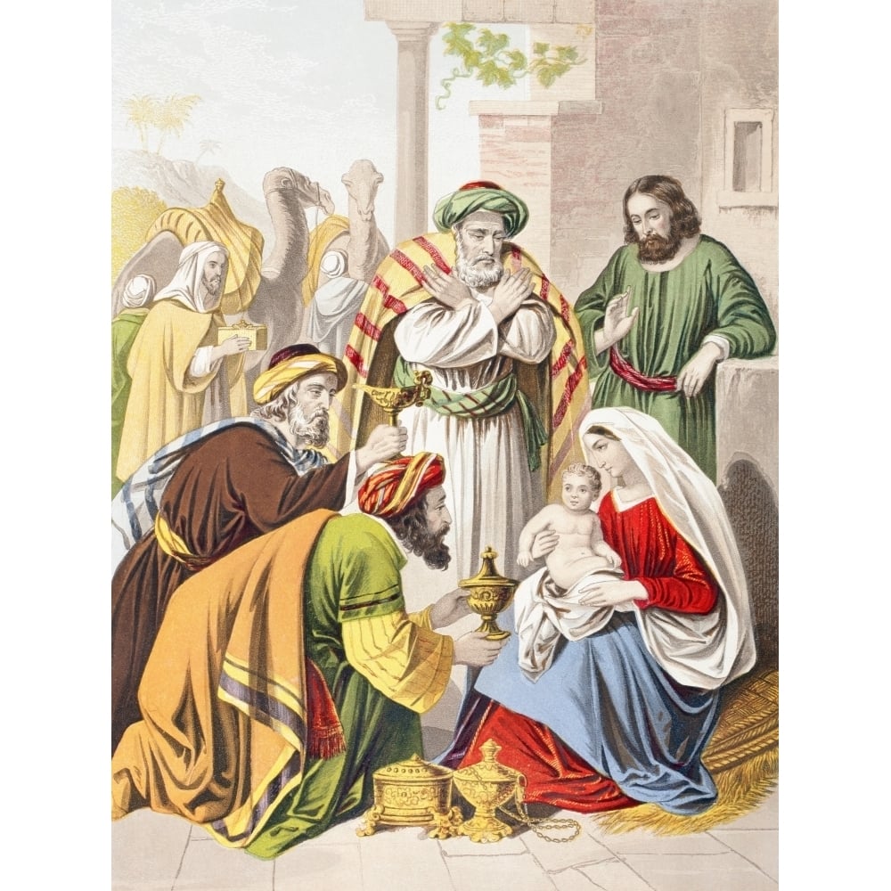 Nativity Scene. The Three Wise Men With The Holy Family. One Presents A Gift To Image 1