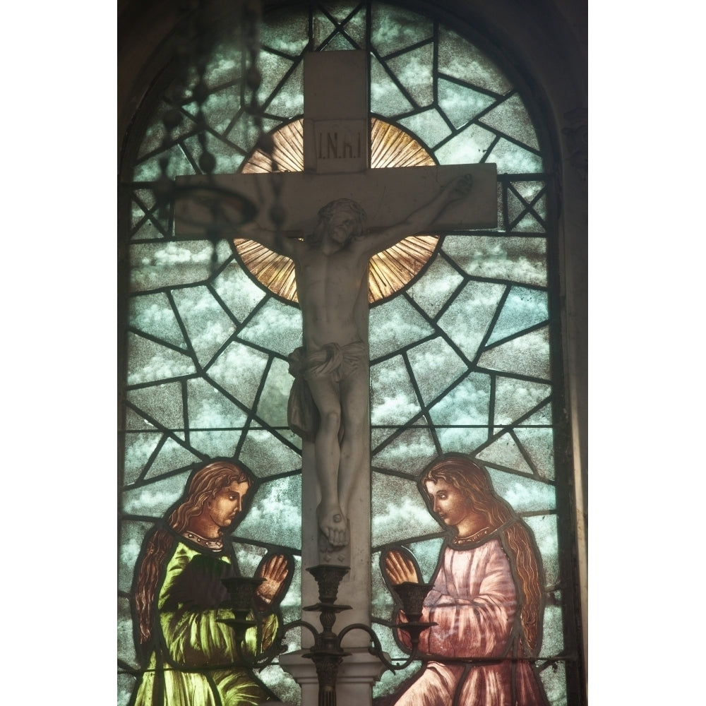 Buenos Aires Argentina; A Stained Glass Window Depicting Two Women Kneeling At The Cross In Recoleta Cemetery Poster Pr Image 1