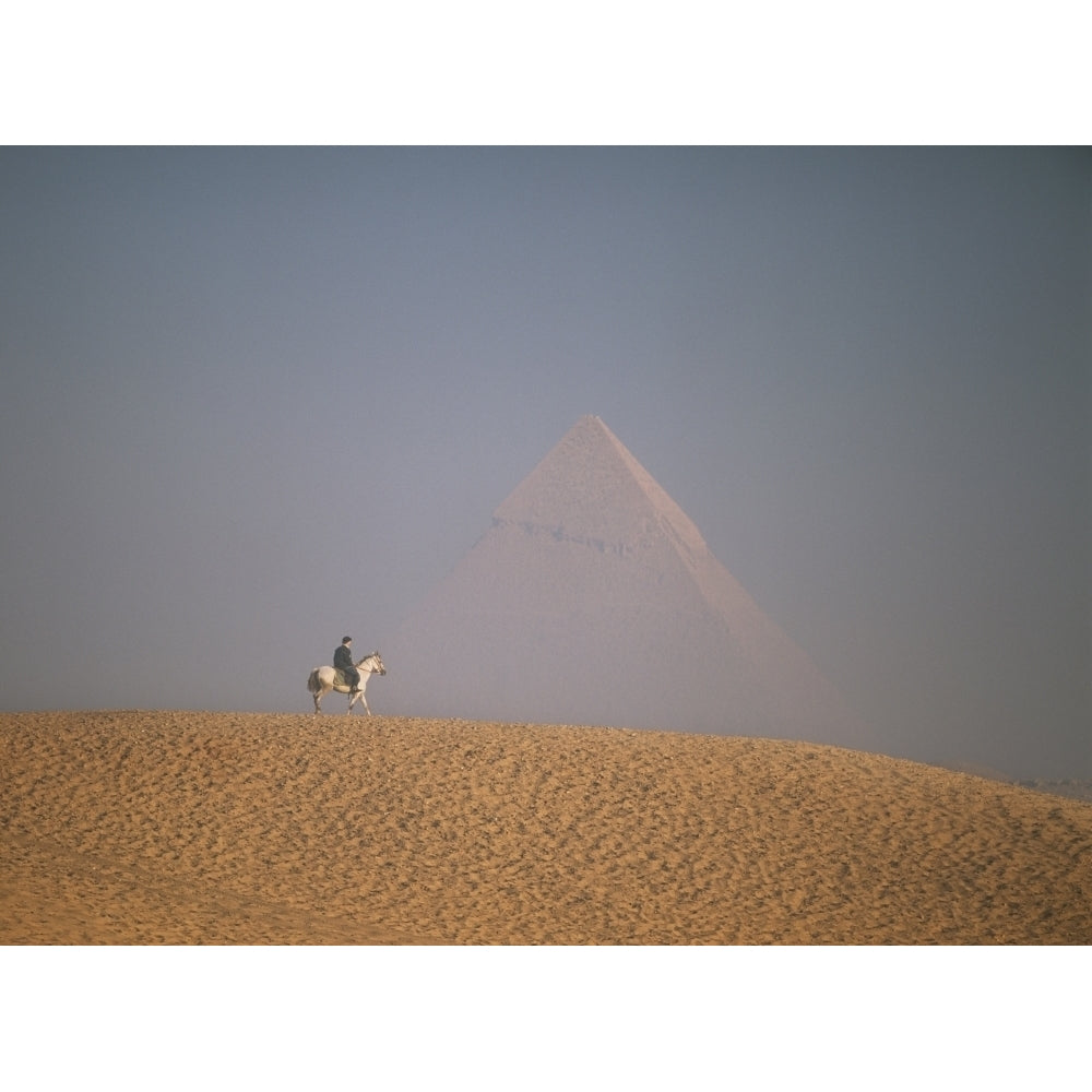 Woman Riding Horse With Great Pyramid Of Chephren Behind Poster Print Image 1