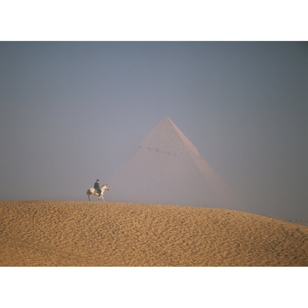 Woman Riding Horse With Great Pyramid Of Chephren Behind Poster Print Image 1