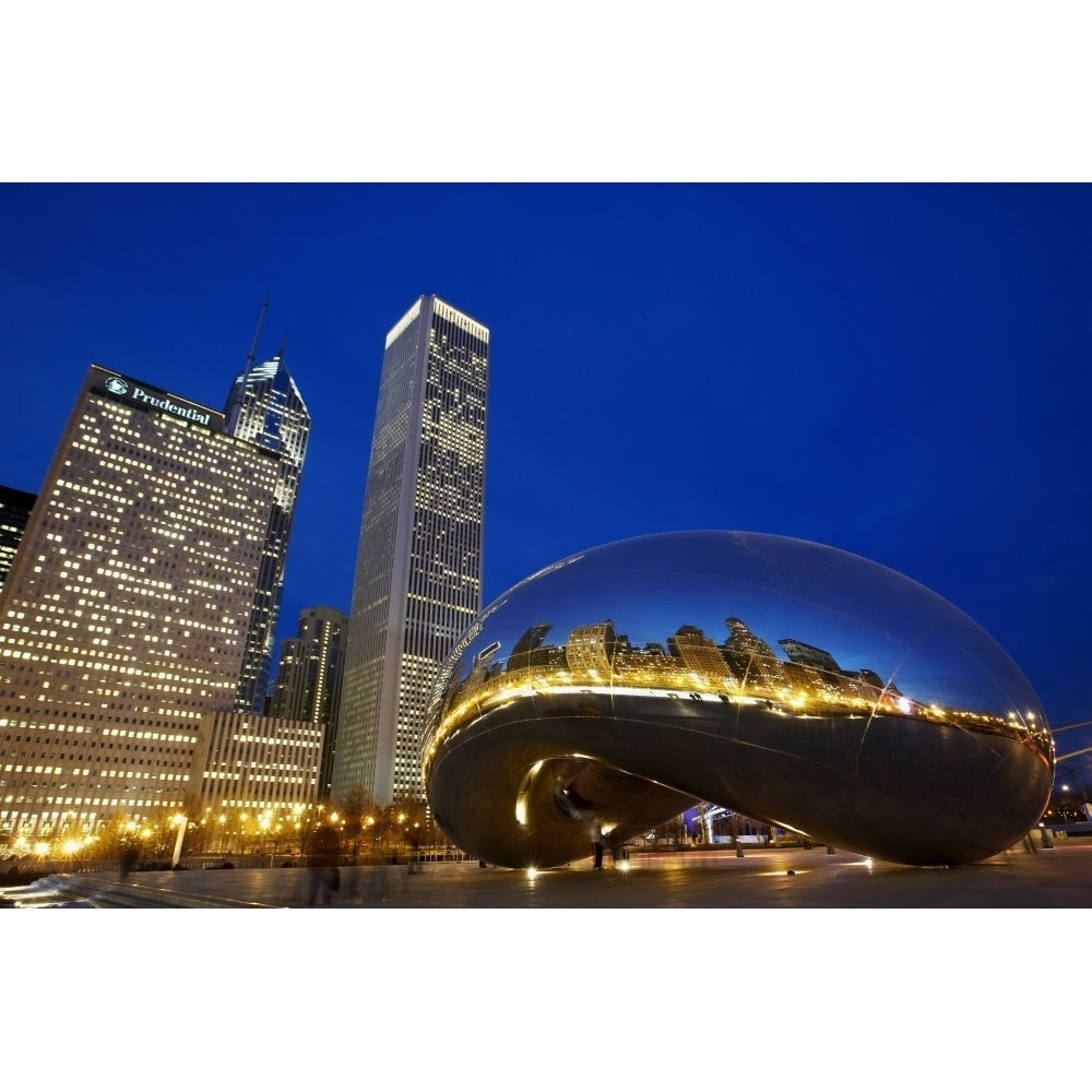 Cloud Gate Sculpture In Front Of Skyscrapers At Night Chicago Illinois Usa Poster Print Image 1