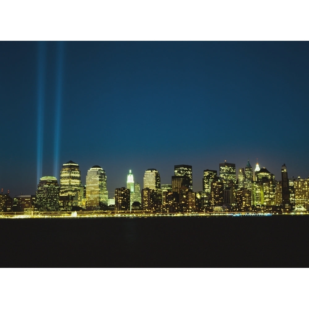 Lower Manhattan Skyline And World Trade Centre Memorial Lights Poster Print Image 1