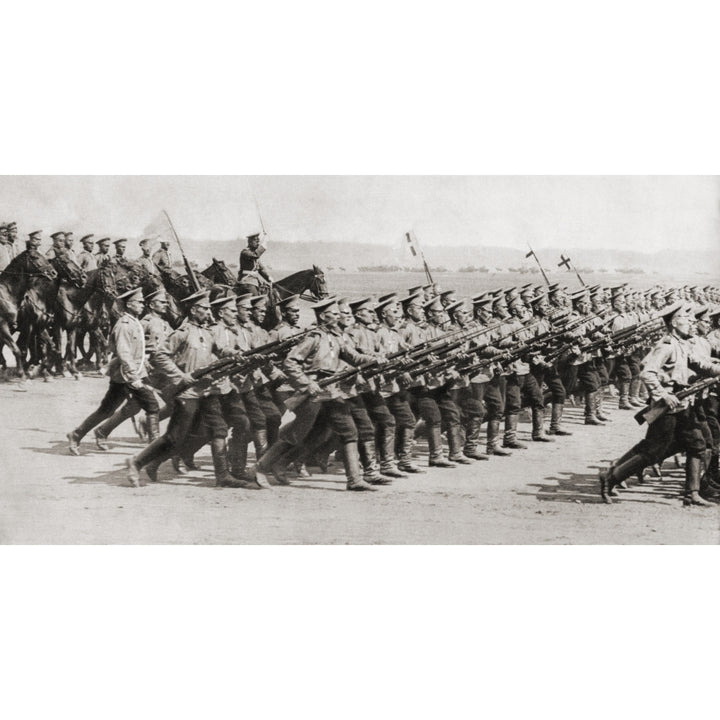 Russian Infantry Regiment Marching In Fighting Kit During World War I. From The Illustrated War News 1914. by Ken Welsh Image 1