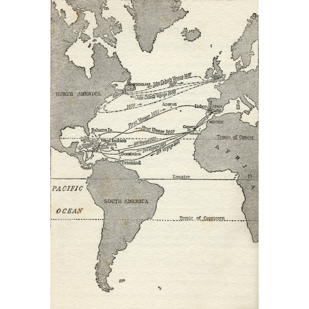 Map Showing The Voyages Of Christopher Columbus And John Cabot. From The Great Image 1