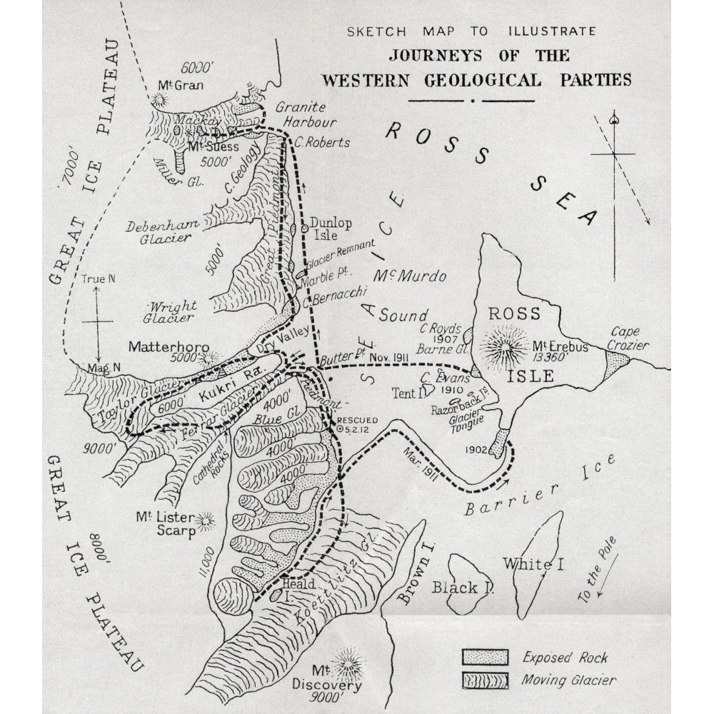 Map Illustrating The Journeys Of The Western Geological Parties During Robert Falcon Scott Poster Print Image 1