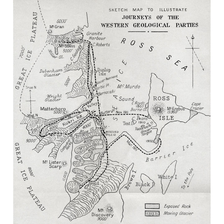 Map Illustrating The Journeys Of The Western Geological Parties During Robert Falcon Scott Poster Print Image 2