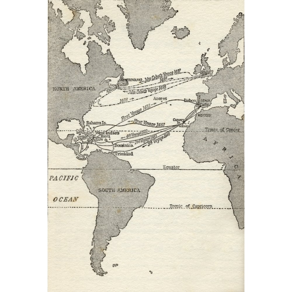 Map Showing The Voyages Of Christopher Columbus And John Cabot. From The Great Image 1