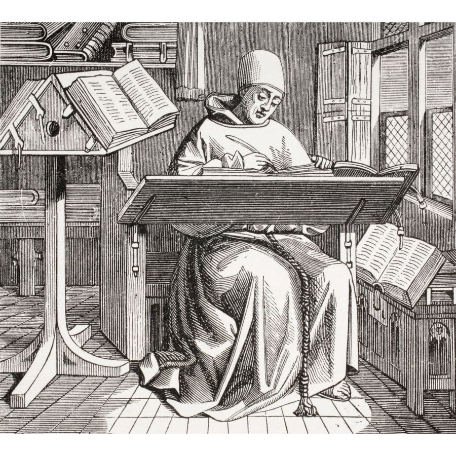 A Monk Scribe Surrounded By Manuscripts And Books Writing At His Desk After A 15Th Century Work From Les Artes Au Moye 3 Image 1