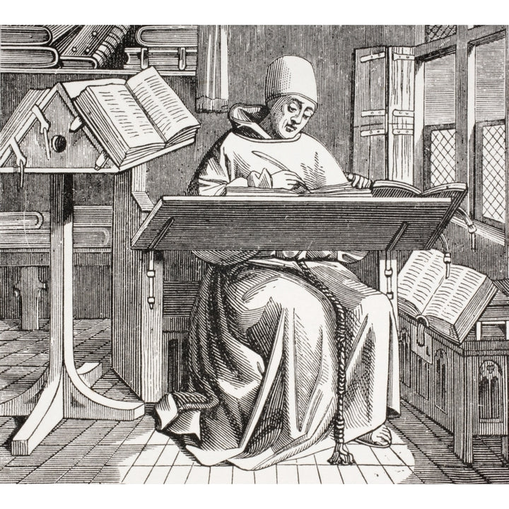 A Monk Scribe Surrounded By Manuscripts And Books Writing At His Desk After A 15Th Century Work From Les Artes Au Moye 3 Image 2