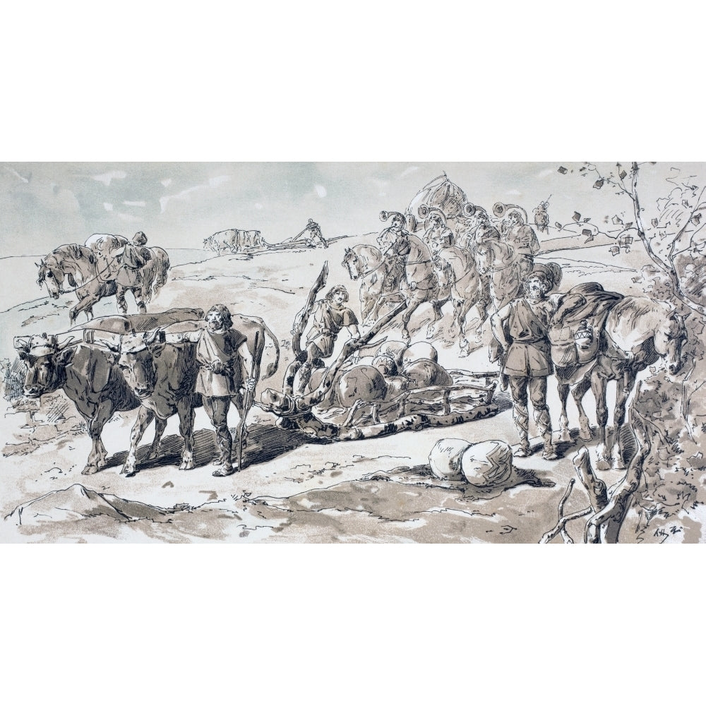 Oxen Drawing A Primitive Sled Laden With Rocks. After A Watercolour By A. Heins. Image 2