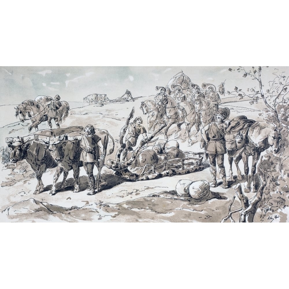 Oxen Drawing A Primitive Sled Laden With Rocks. After A Watercolour By A. Heins. Image 1