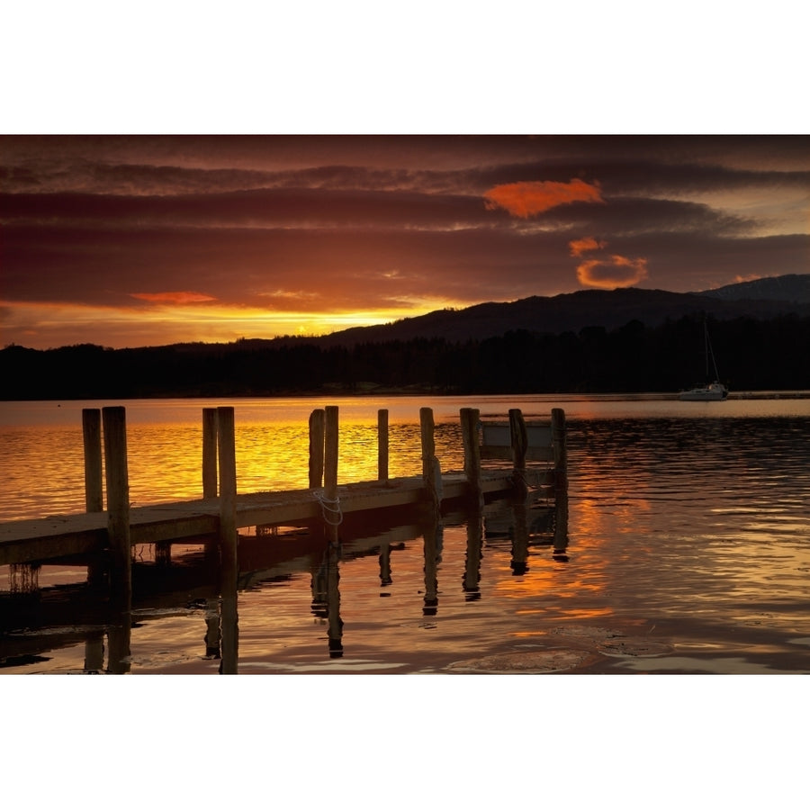 Sunset Over Dock At Lake Windermere; Ambleside Cumbria England Poster Print Image 1