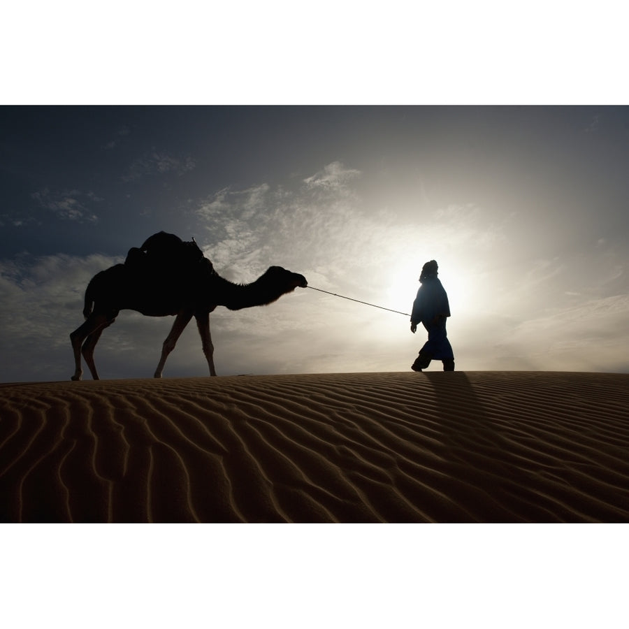 Silhouette Of Berber Leading Camel Across Sand Dunes At Dusk In The Erg Chebbi Sahara Desert; Merzouga Morocco Image 1