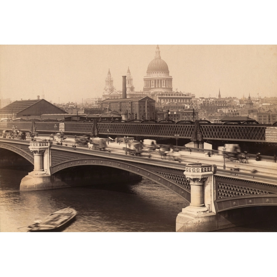 London England. Blackfriars Bridge With St. Pauls Cathedral Behind. From A Postcard Circa 1890. Print Image 1