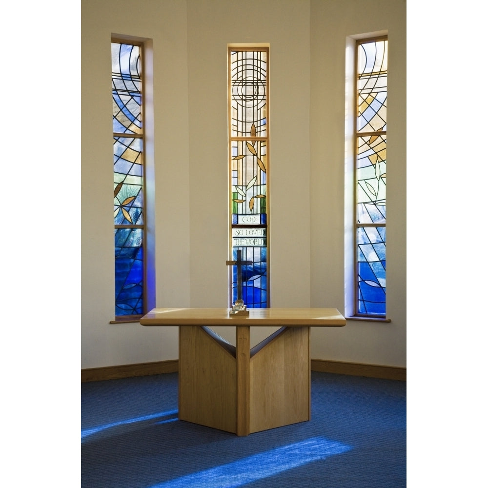 A Table With A Cross And Communion Emblems And Stained Glass Windows Inside A Church; Dore Sheffield England Poster Pr Image 1