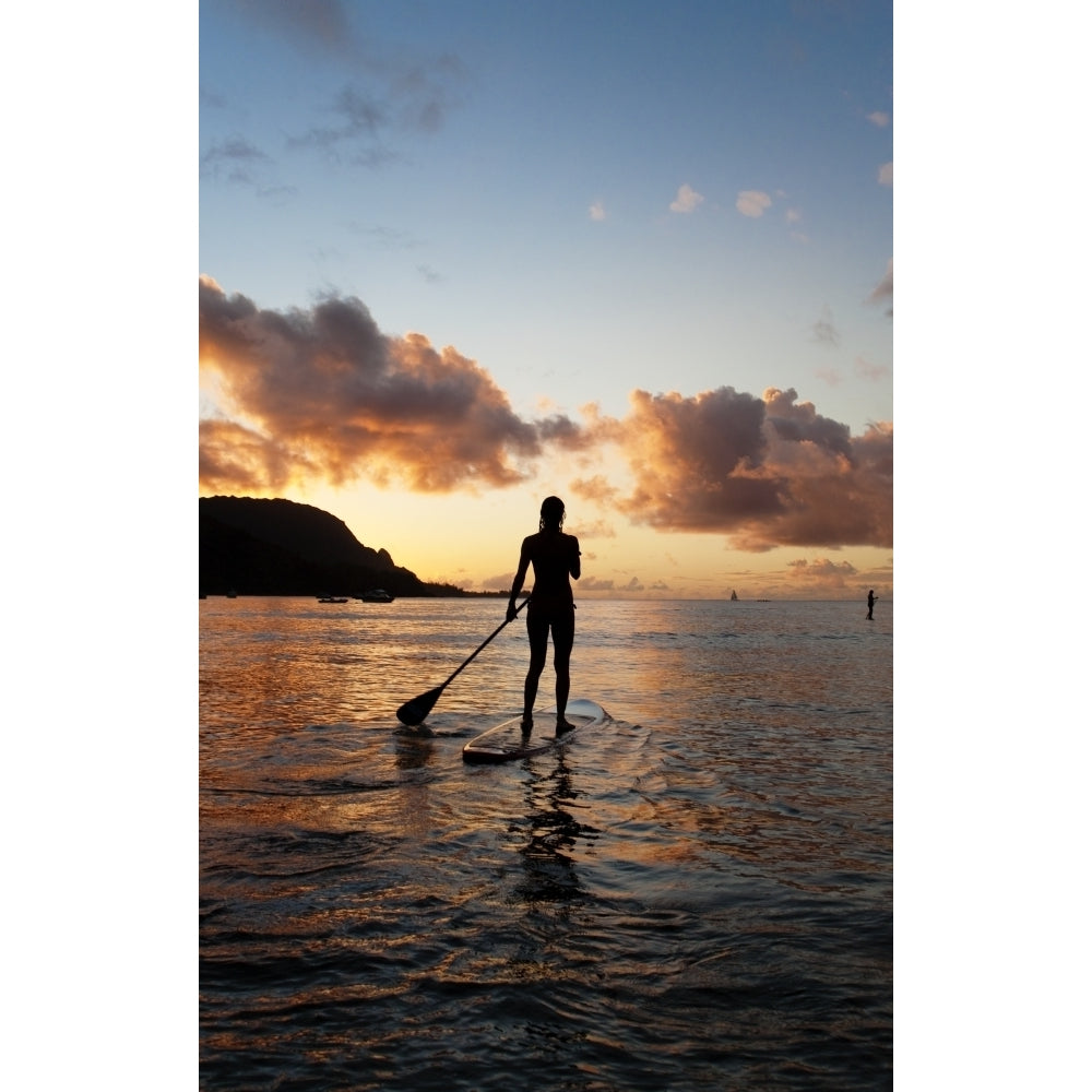 Hawaii Kauai Woman Stand Up Paddling In Ocean Beautiful Sunset. Poster Print Image 1