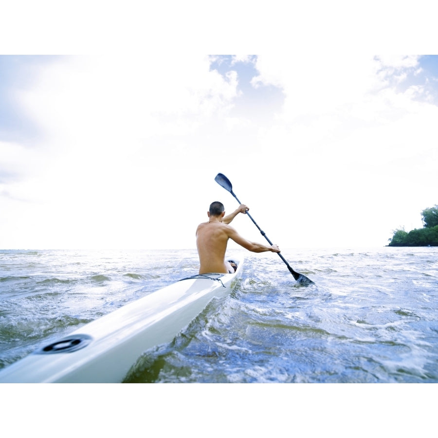 Hawaii Kauai Anini Beach Active Male Paddling In A One Man Canoe. Poster Print Image 1