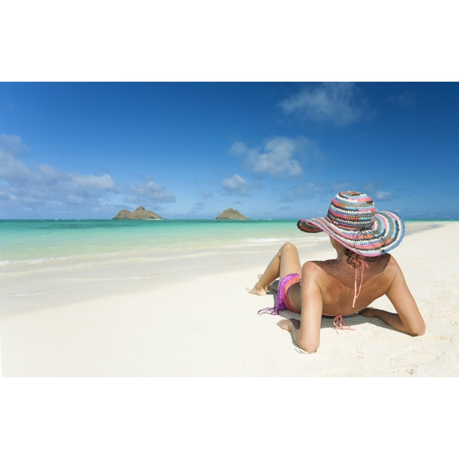 Hawaii Oahu Lanikai Beach Woman Relaxing Along Sandy Shore. Poster Print Image 1