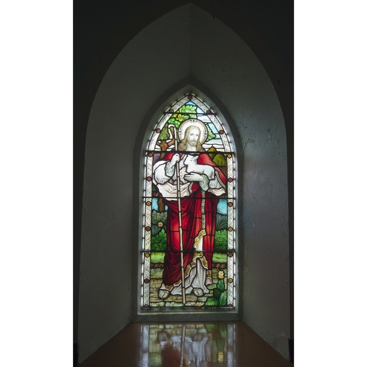 A Stained Glass Window Depicting Jesus Holding A Sheep At Church On The Beach; Ardnamurchan Argyl Scotland Poster Prin Image 1