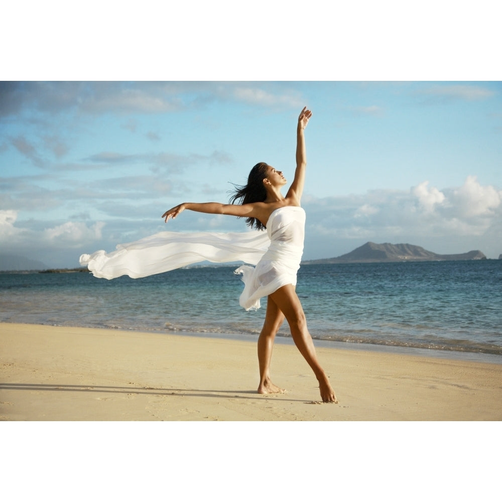 Hawaii Oahu Lanikai Beach Beautiful Female Ballet Dancer On Beach Wearing White Flowing Fabric. Print Image 1