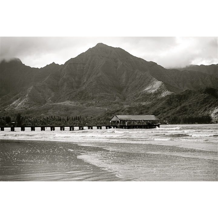 Hawaii Kauai Hanalei Bay And Pier At Sunset Black And White. Poster Print Image 1