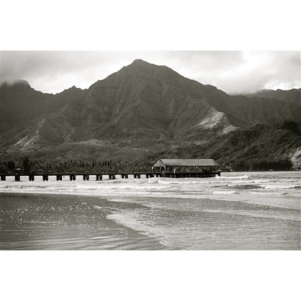 Hawaii Kauai Hanalei Bay And Pier At Sunset Black And White. Poster Print Image 2