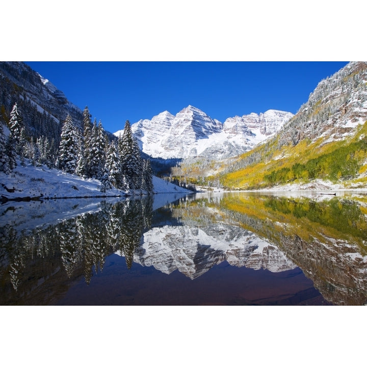 USA Colorado Early Snow; Near Aspen Landscape Of Maroon Lake And Maroon Bells In Distance Poster Print Image 1