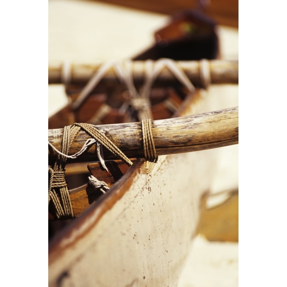 Old Wooden Outrigger Canoe Detail Of Aku Tightly Secured To Boat. Poster Print Image 1