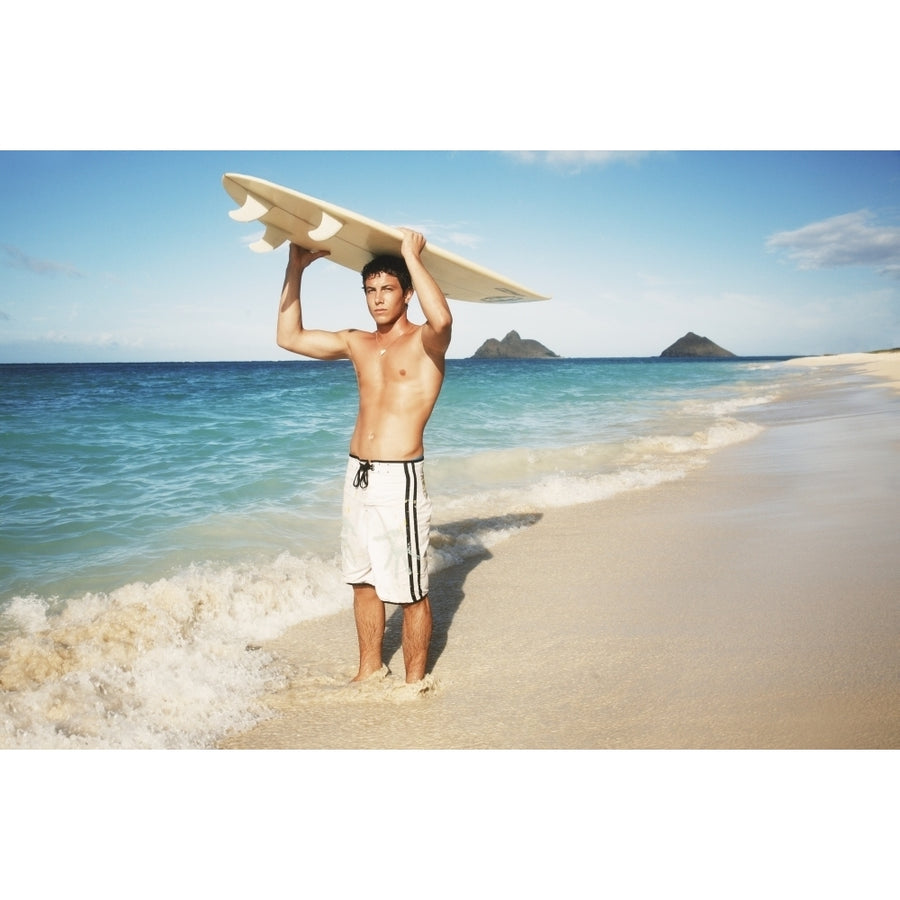 Hawaii Oahu Young Man At The Beach With Surfboard. Poster Print Image 1