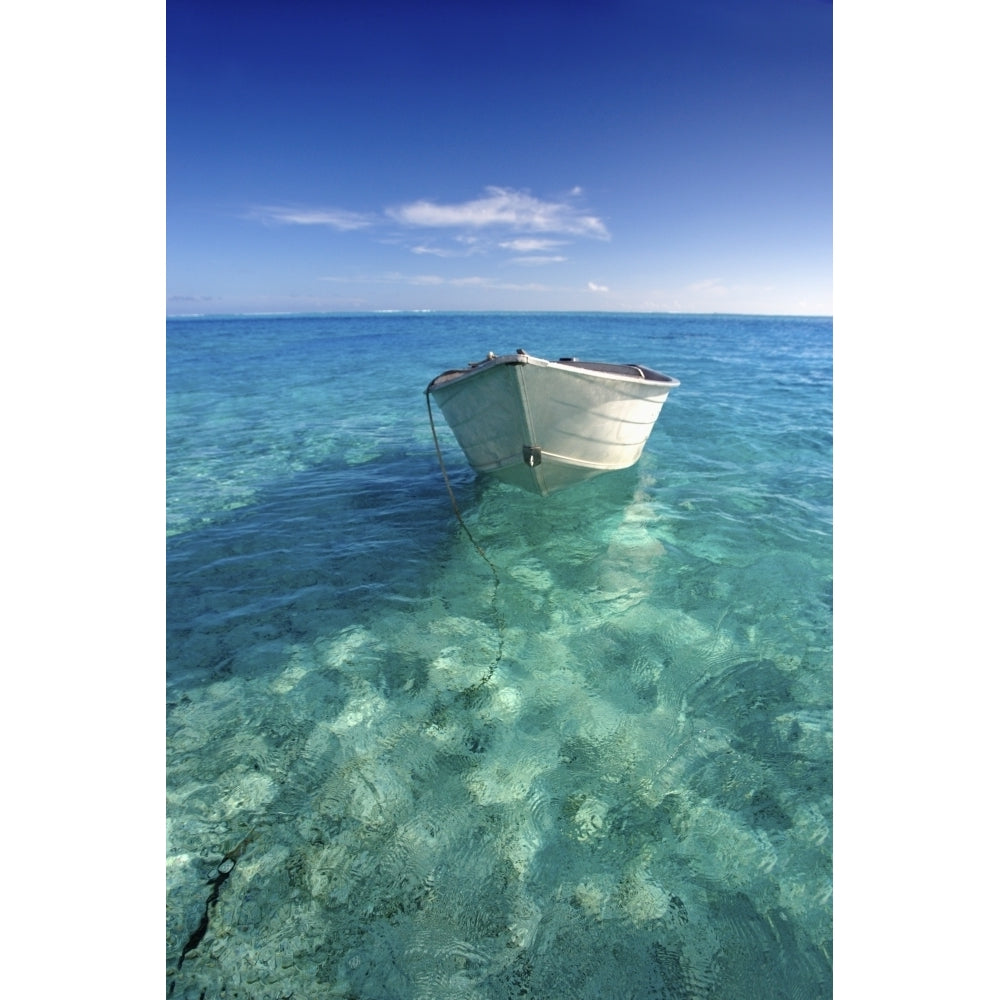 French Polynesia Tahiti Bora Bora White Boat Floating On Turquoise Water. Poster Print Image 2