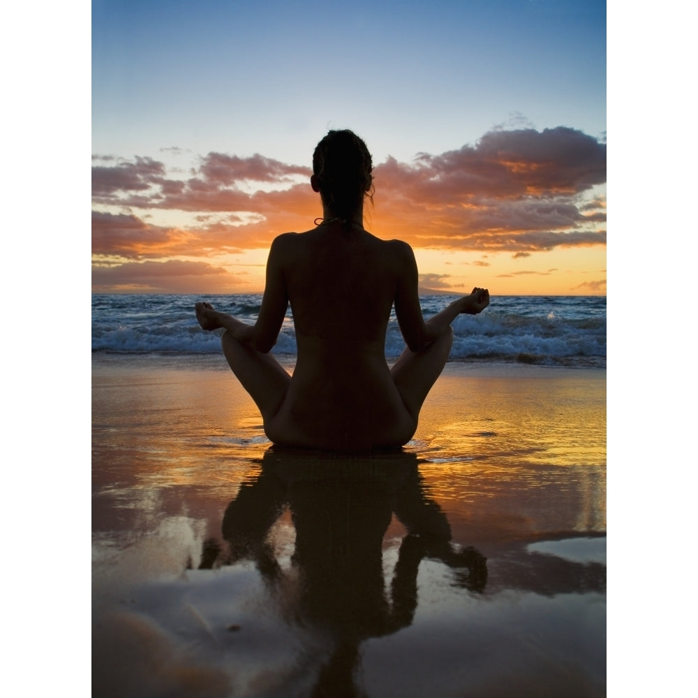 Hawaii Maui Silhouette Of Beautiful Girl Doing Yoga On The Beach. Poster Print Image 2