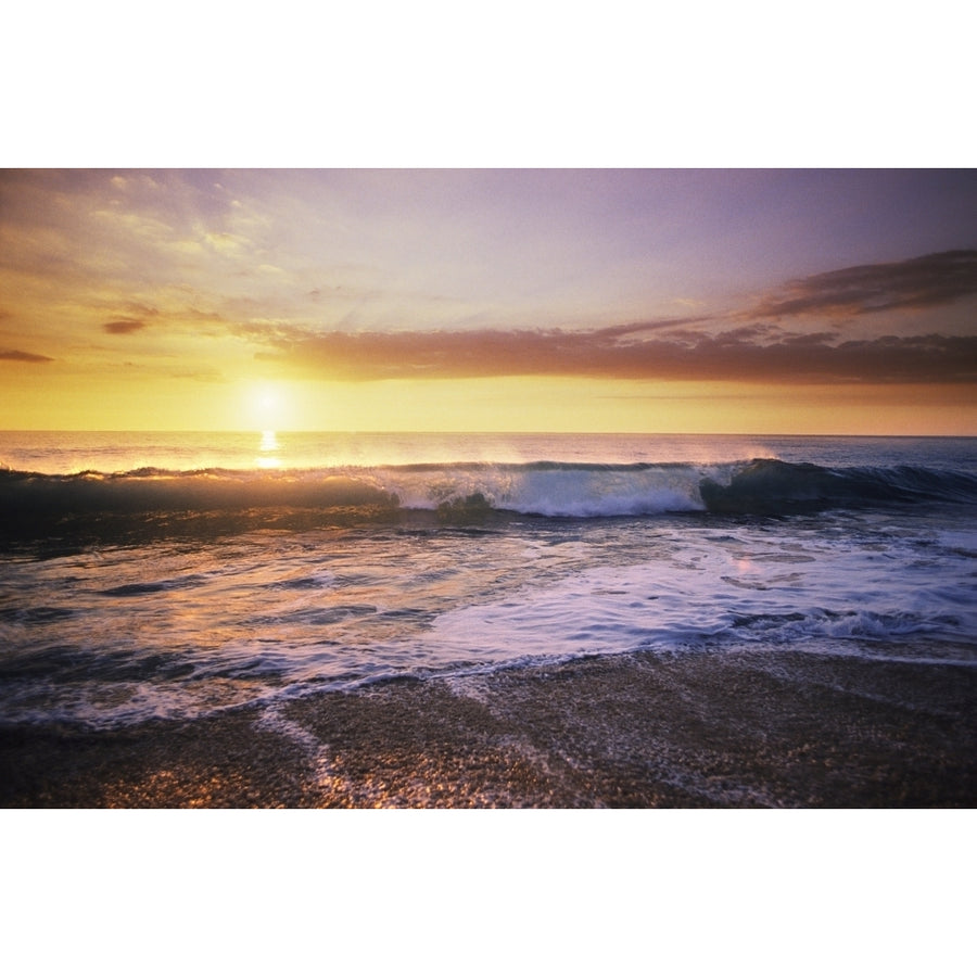 USA Sunset Illuminates Ocean; Hawaii Islands Beautiful Wave Crashing On Shoreline Poster Print Image 1