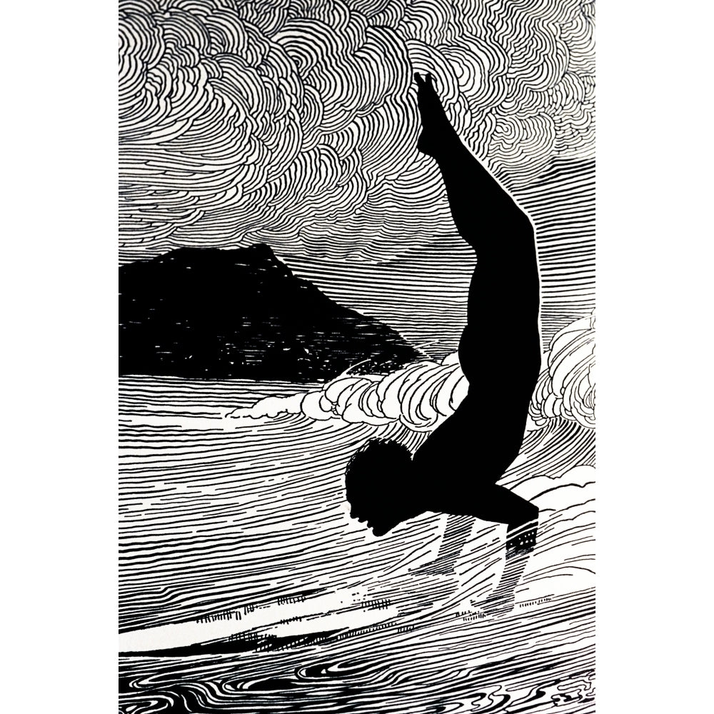 C. 1930 Don Blanding Art Surfer And Waikiki Figure Of Man Doing Hand Stand On Surfboard. Image 1