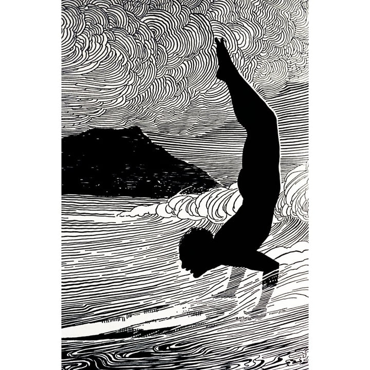 C. 1930 Don Blanding Art Surfer And Waikiki Figure Of Man Doing Hand Stand On Surfboard. Image 1