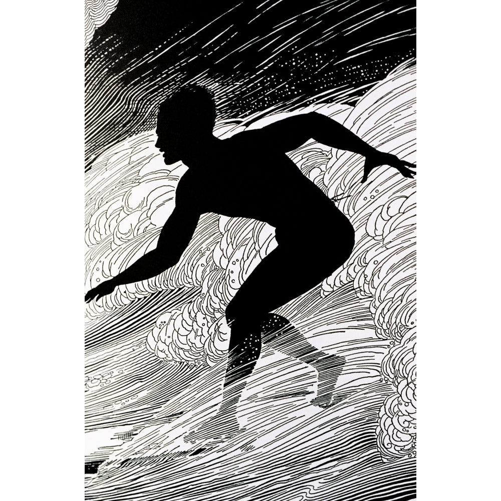 C.1930 Don Blanding Art Surfer Figure Of A Man Surfing A Wave . Poster Print Image 1