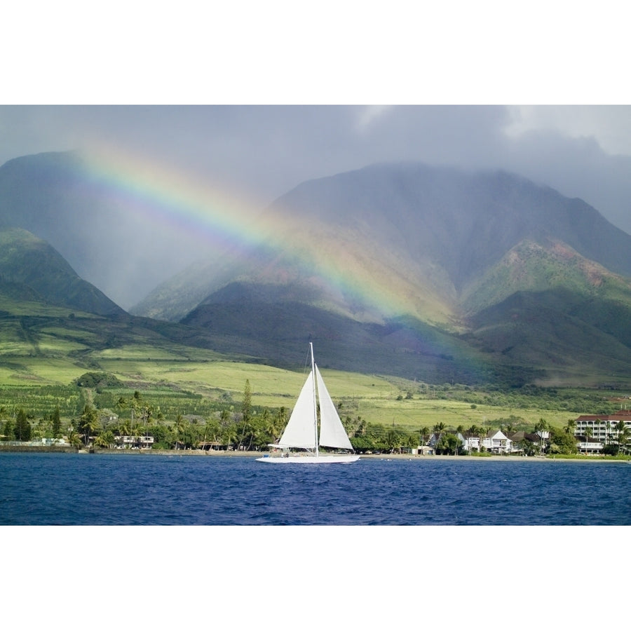 Hawaii Maui Lahaina Rainbow In Front Of West Mauis Mountain Range With Sailboat In Ocean. Poster Print Image 1