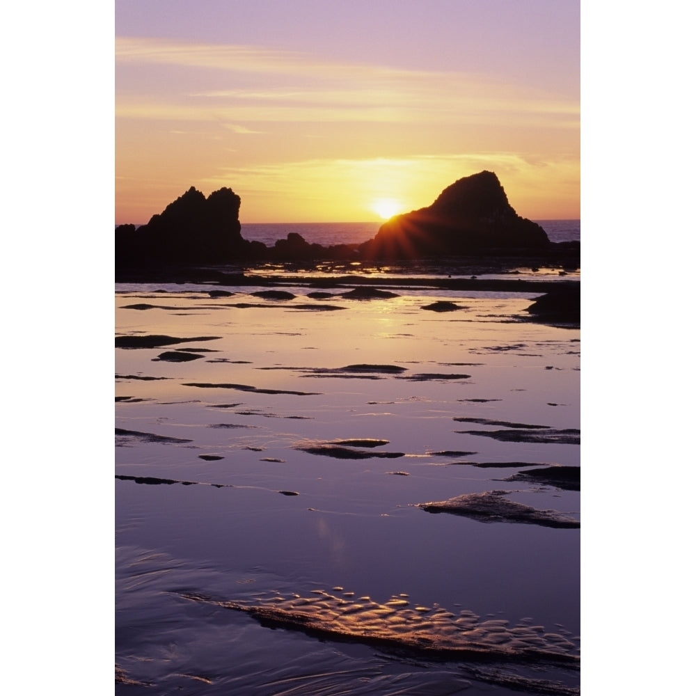 USA Sun Setting Over Rocks And Beautiful Reflections; Oregon Seal Rock Poster Print Image 2