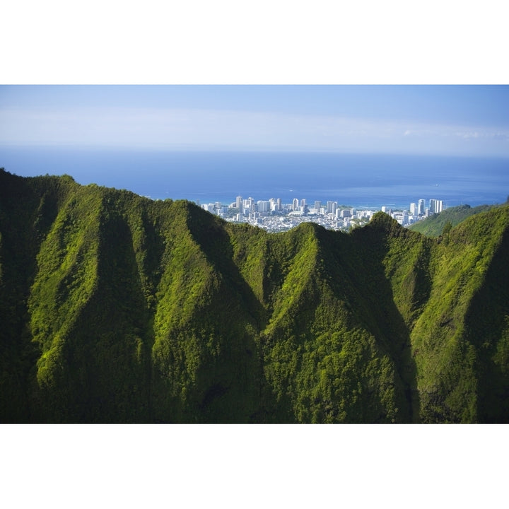 USA Hawaii Oahu Aerial view of city overlooking Koolau Mountains; Honolulu Poster Print Image 1