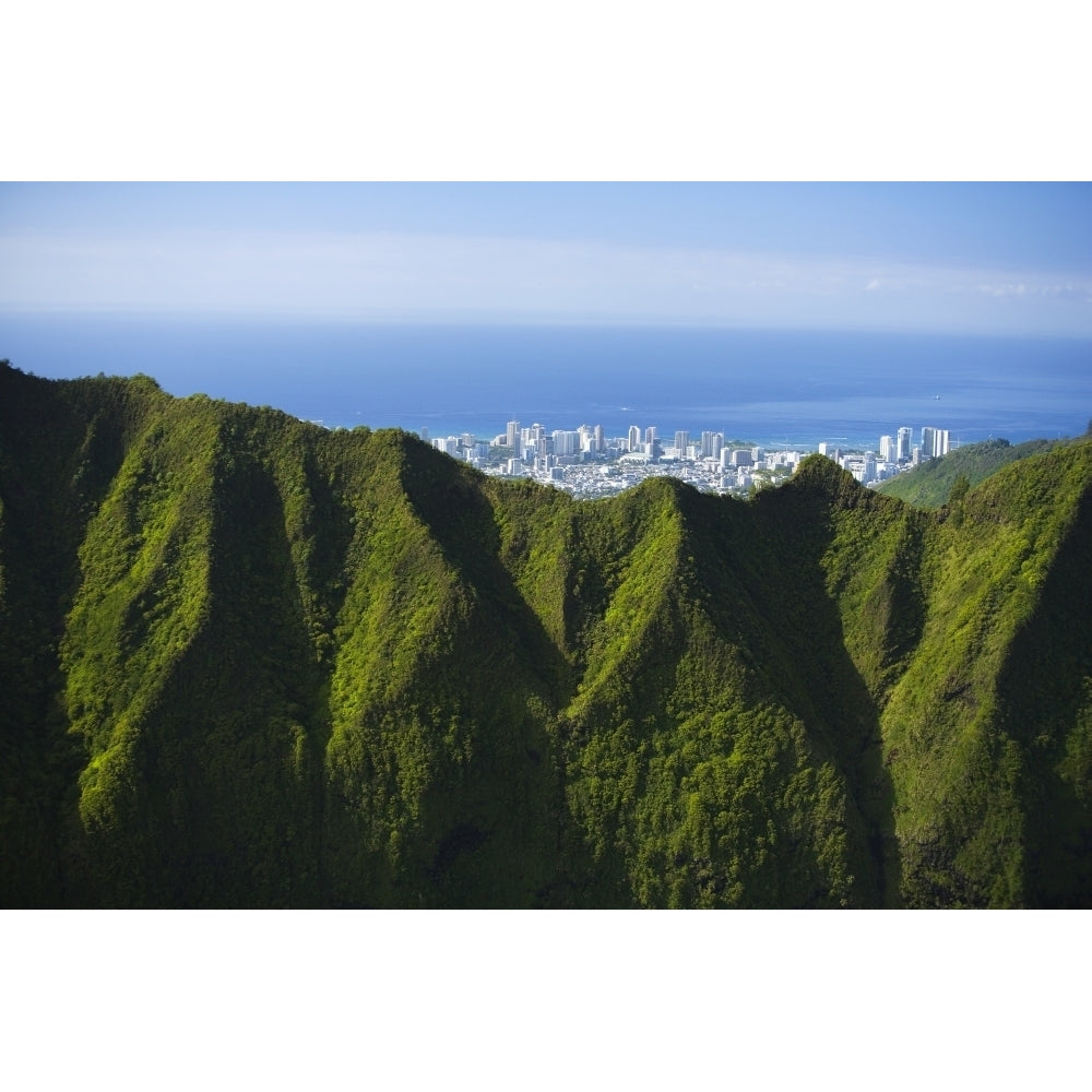 USA Hawaii Oahu Aerial view of city overlooking Koolau Mountains; Honolulu Poster Print Image 2