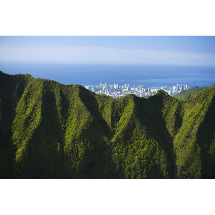 USA Hawaii Oahu Aerial view of city overlooking Koolau Mountains; Honolulu Poster Print Image 1