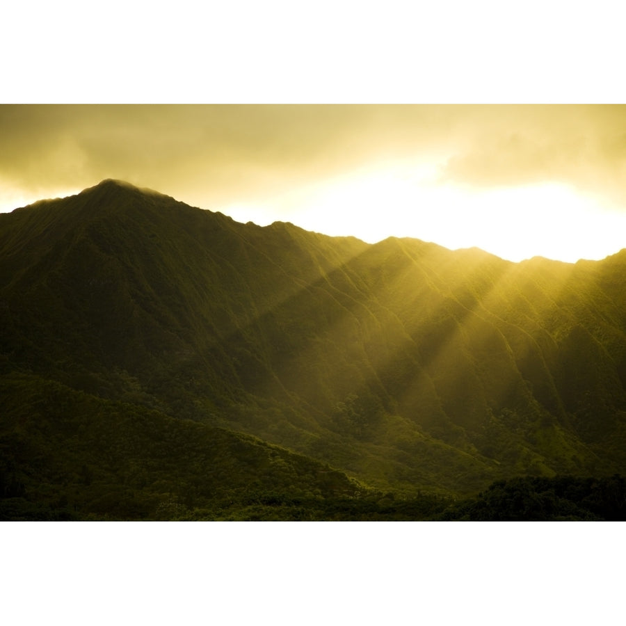 USA Hawaii Sunlight over Koolau Mountains and Kualoa Ranch; Oahu Poster Print Image 1