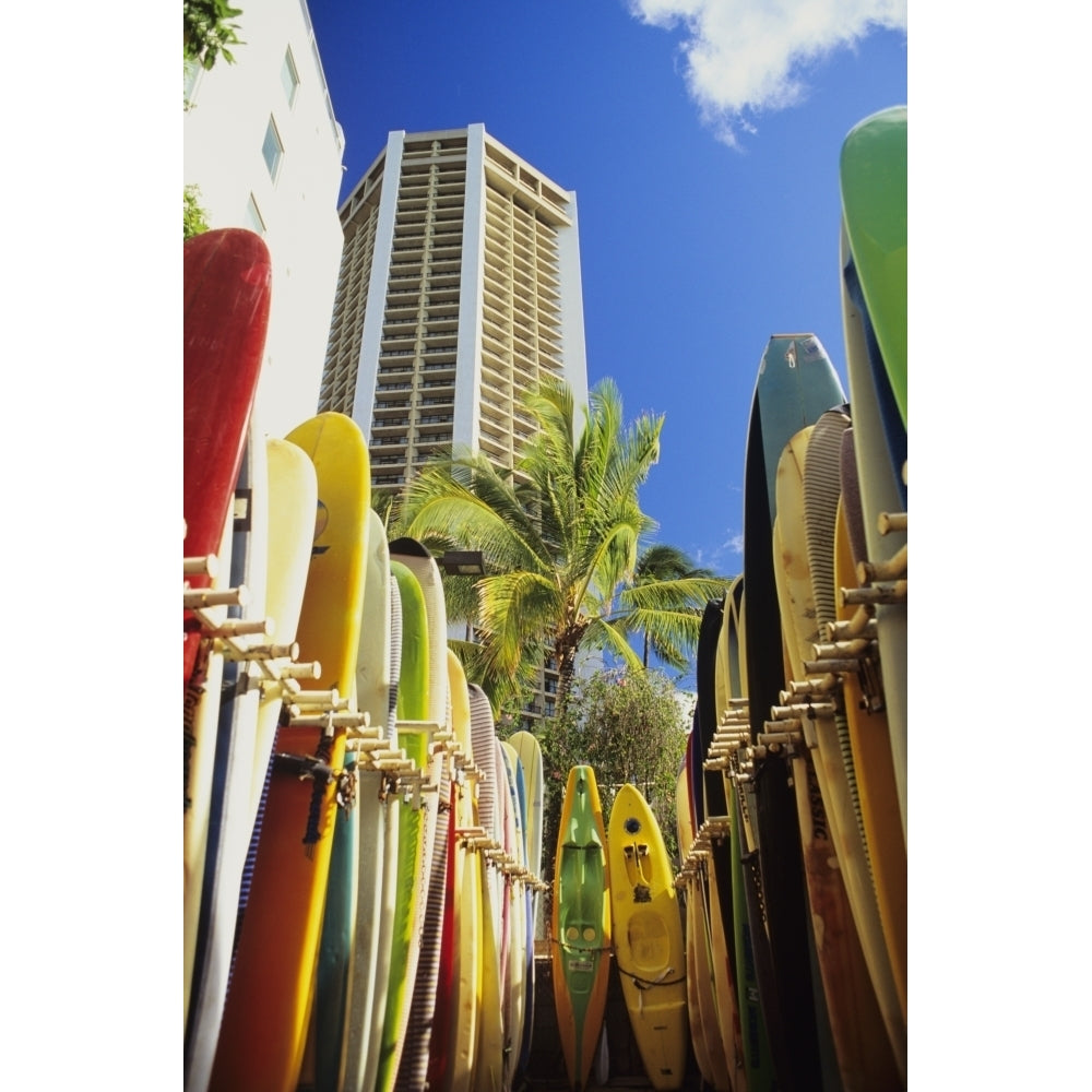 USA Hawaii Oahu Surfboards lined up at Waikiki Beach; Honolulu Poster Print Image 1