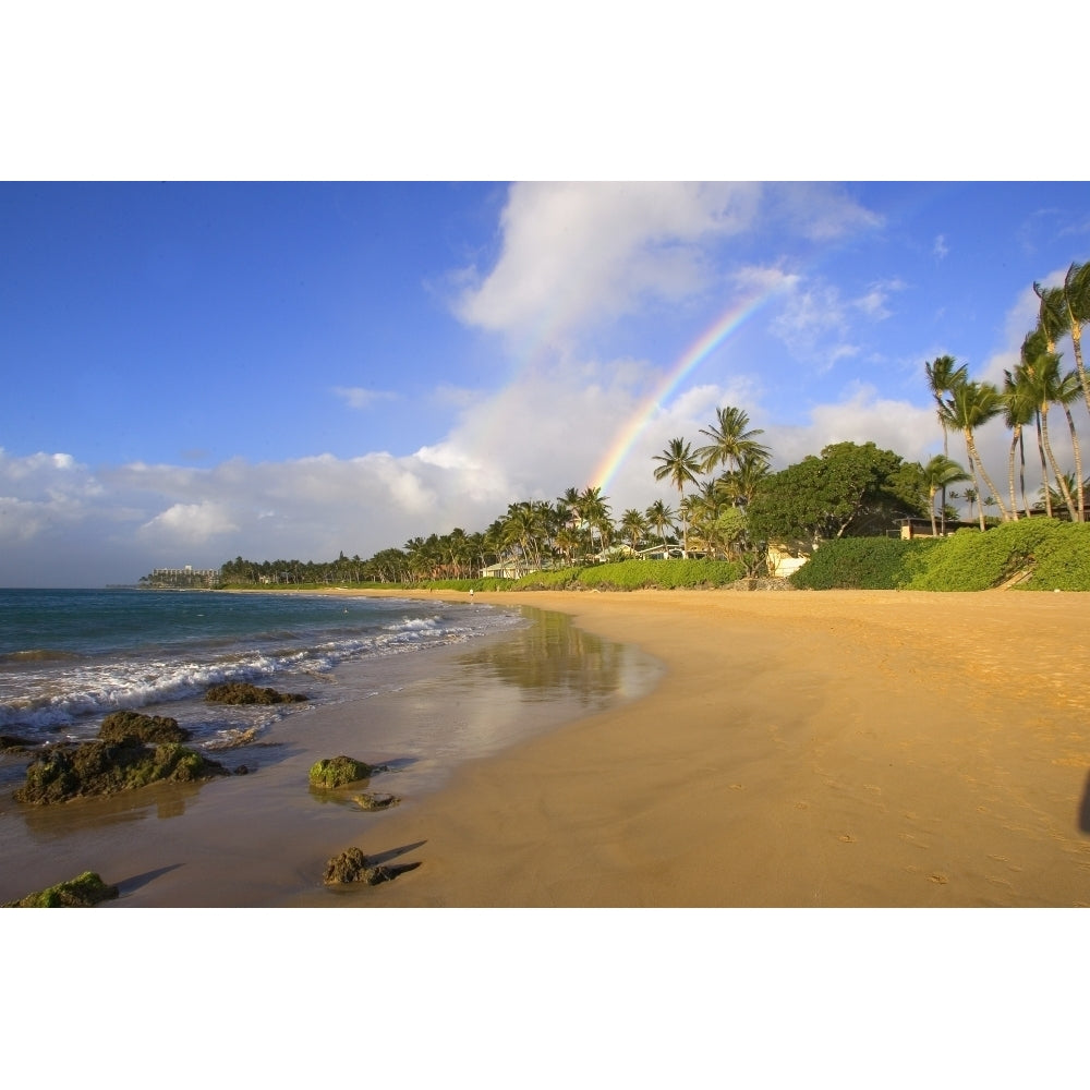 USA Hawaii Maui Rainbow over palm trees and Keawakapu Beach; Kihei Poster Print Image 2